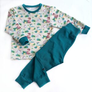 Långärmad t-shirt med dinosaurieungar + gröna byxor